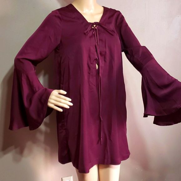 JRoberts polyester deep purple,  bell sleeves, tie up front, tunic,  sz L - Picture 1 of 6